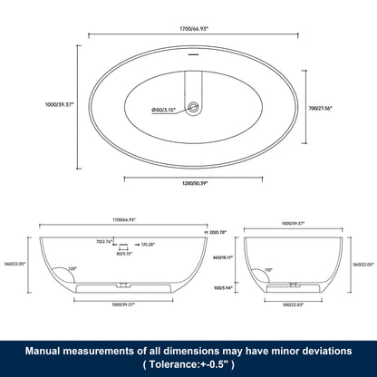 Medunjess 67" White Modern Freestanding Solid Surface Deep Soaking Bathtub for Two