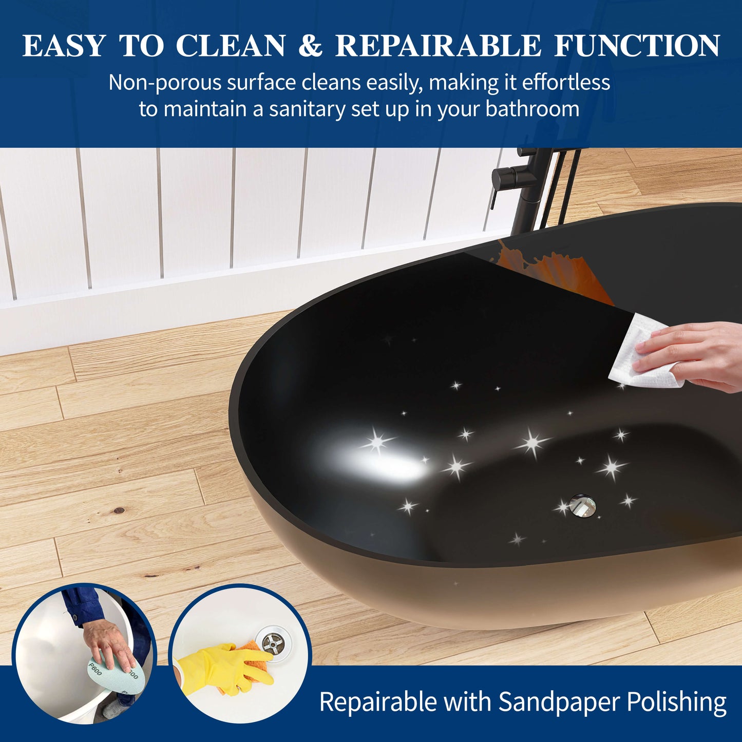 Medunjess 59'' Freestanding Tub Solid Surface Egg Shape Freestanding Soaking Tub,Black