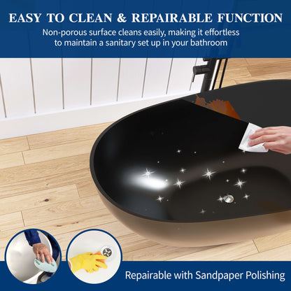 Medunjess 59'' Freestanding Tub Solid Surface Egg Shape Freestanding Soaking Tub,Black