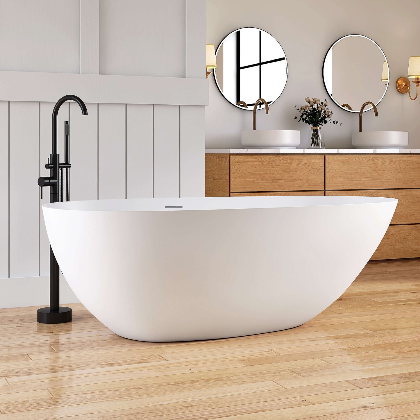 Medunjess 67'' Freestanding Tub Solid Surface Freestanding Soaking Bathtub With Tub Filler