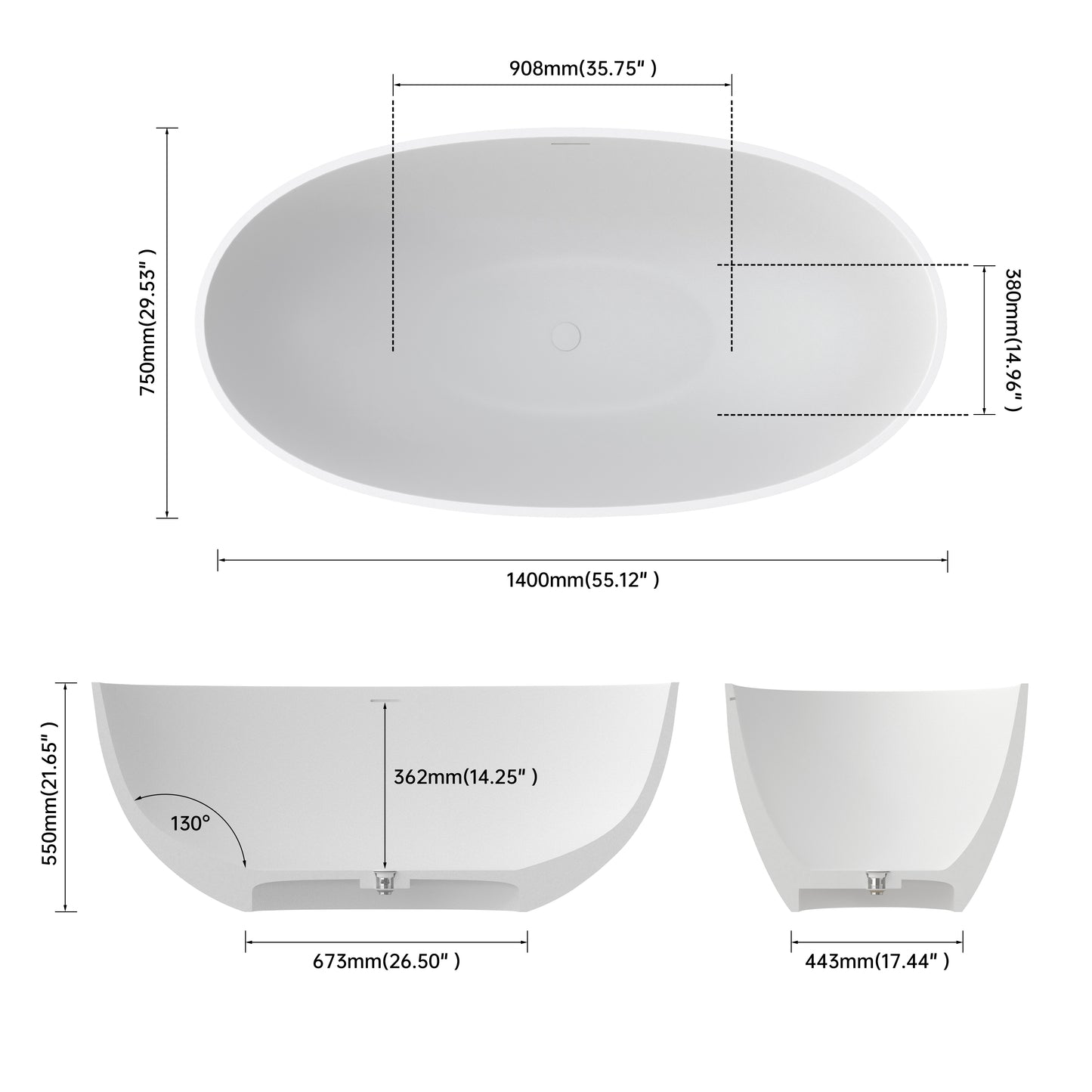 Medunjess 55" Modern Round Freestanding Bathtub – Deep Soaking Solid Surface Resin Stone Tub