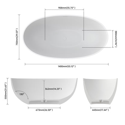 Medunjess 55" Modern Round Freestanding Bathtub – Deep Soaking Solid Surface Resin Stone Tub