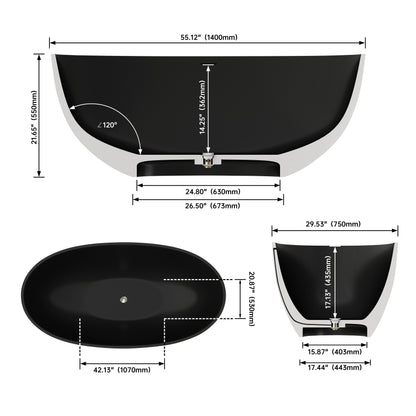 Medunjess 55" Freestanding Tub Solid Surface Freestanding Soaking Bathtub,Black