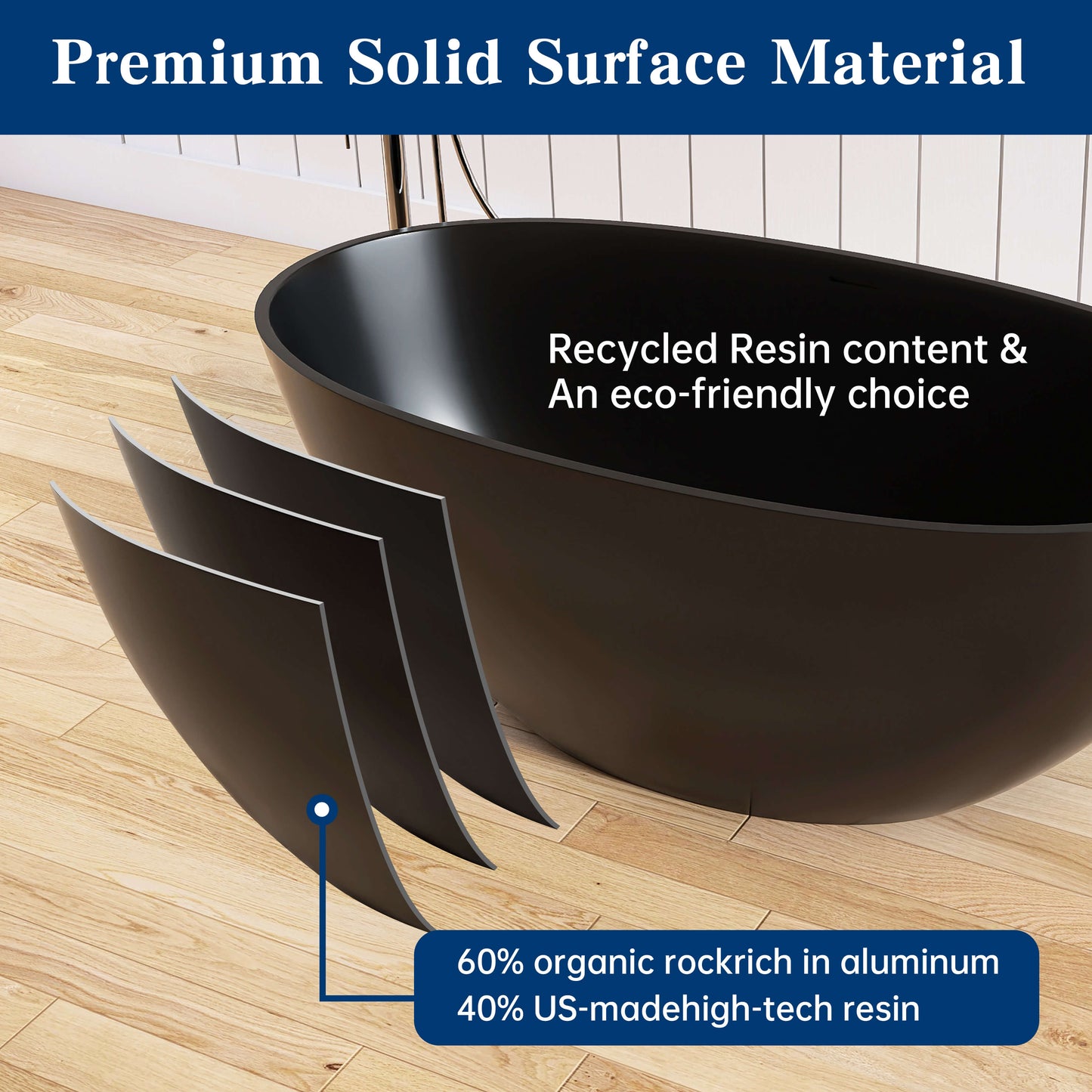 Medunjess 55'' Freestanding Tub Solid Surface Freestanding Soaking Bathtub,Black