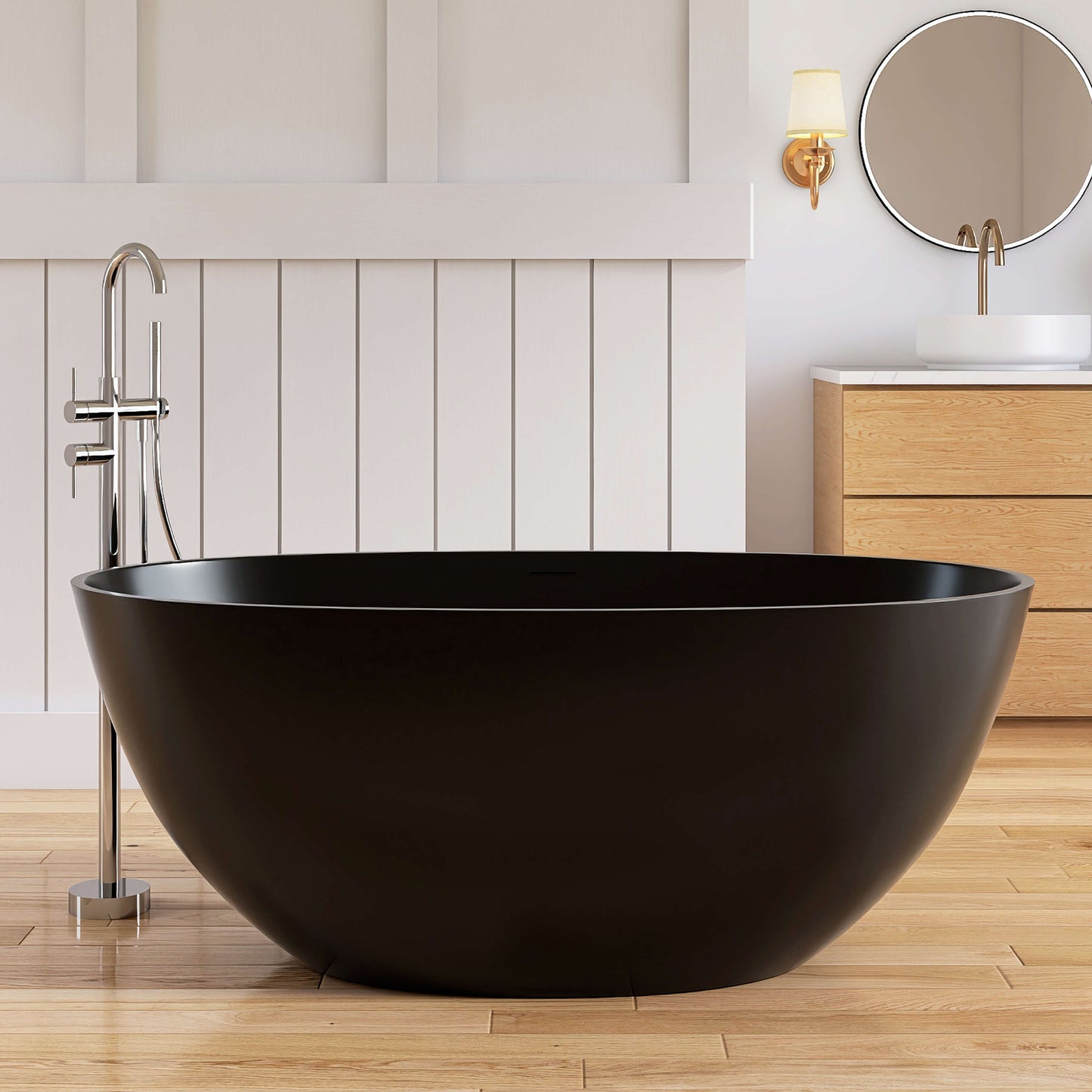 Medunjess 55'' Freestanding Tub Solid Surface Freestanding Soaking Bathtub,Black