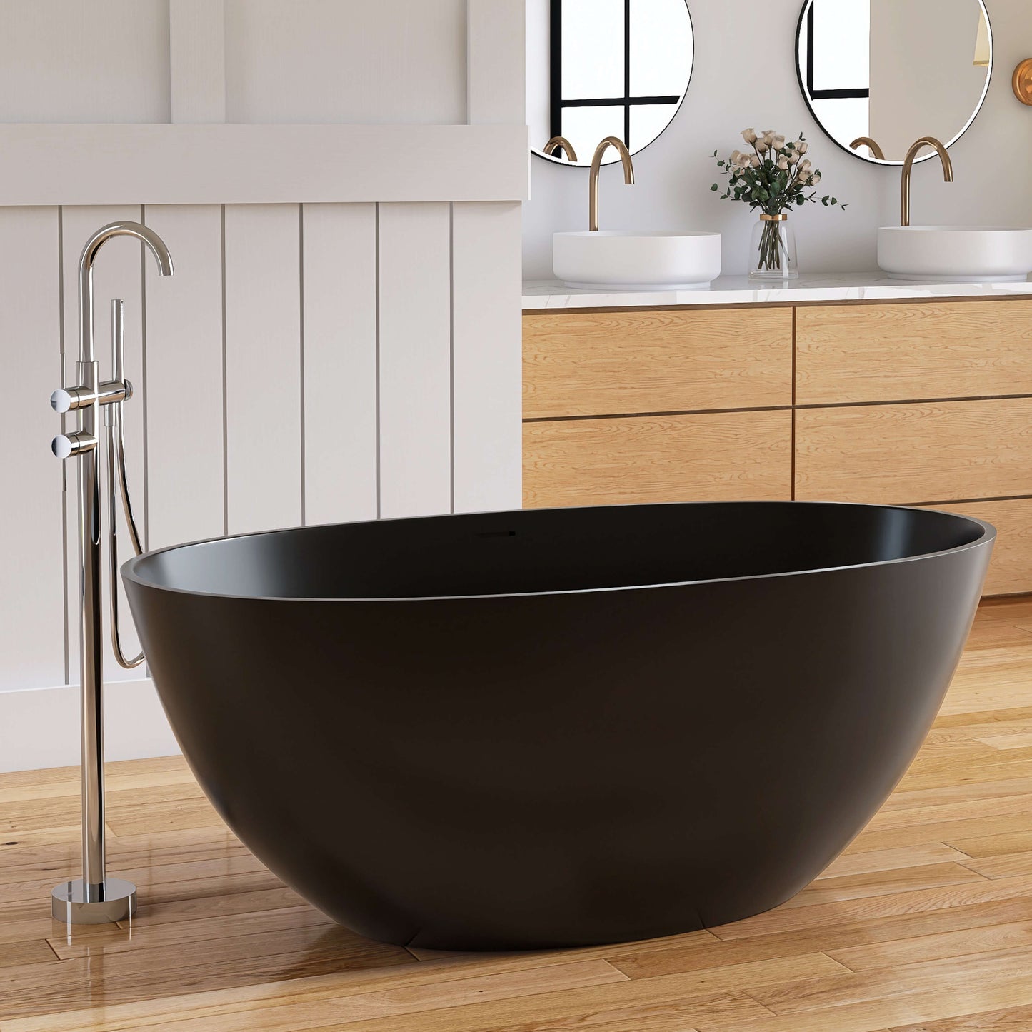 Medunjess 55'' Freestanding Tub Solid Surface Freestanding Soaking Bathtub,Black