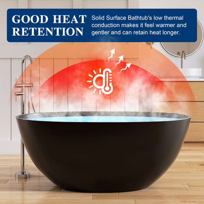 Medunjess 55'' Freestanding Tub Solid Surface Freestanding Soaking Bathtub,Black