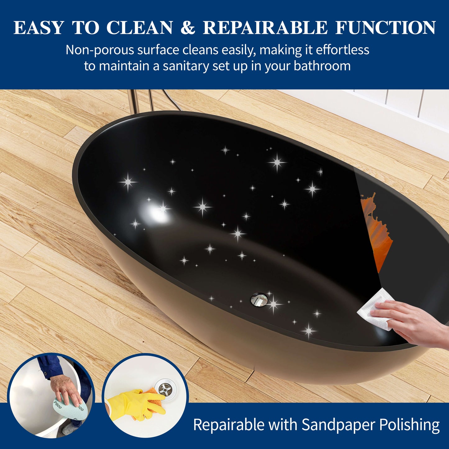 Medunjess 55'' Freestanding Tub Solid Surface Freestanding Soaking Bathtub,Black