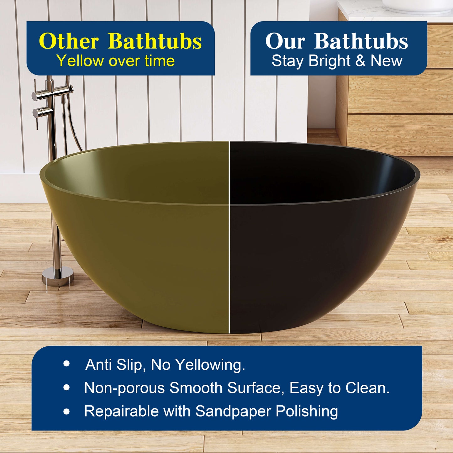 Medunjess 55'' Freestanding Tub Solid Surface Freestanding Soaking Bathtub,Black