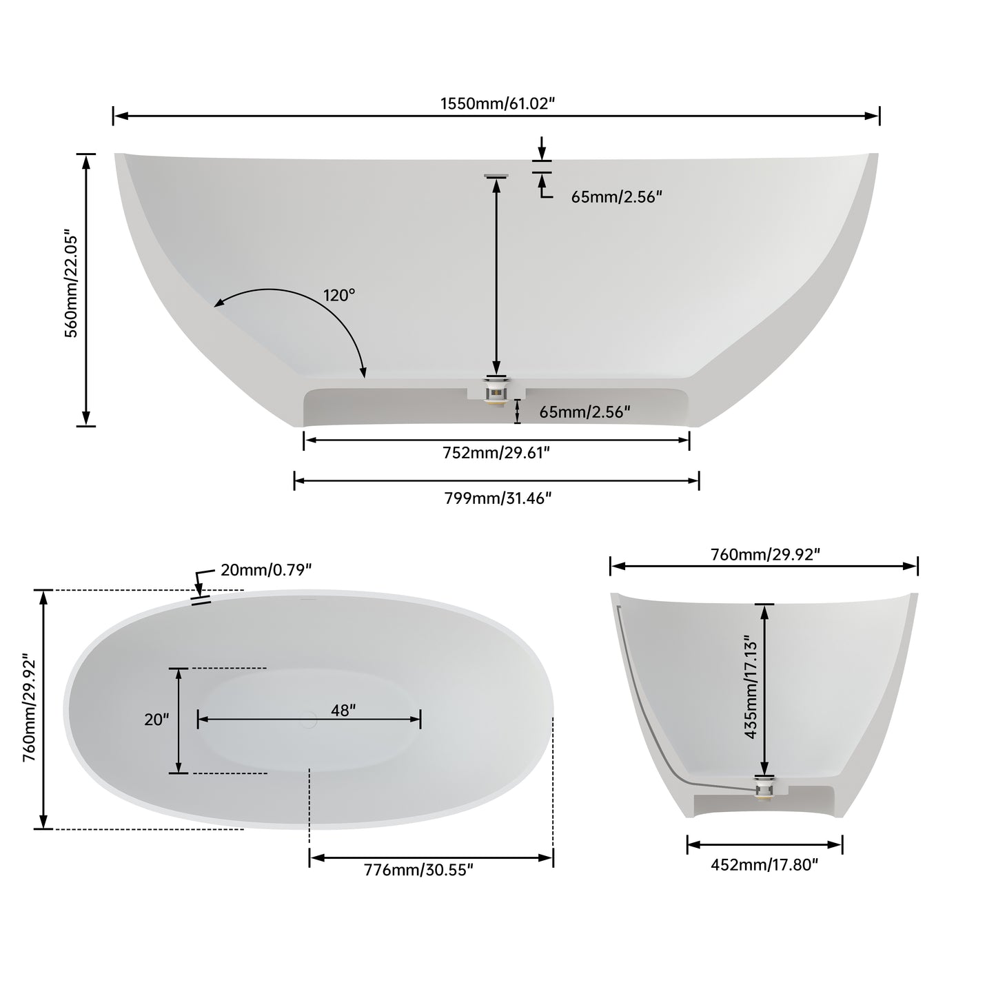 Medunjess 61" Freestanding Soaking Solid Surface Bathtub - Black