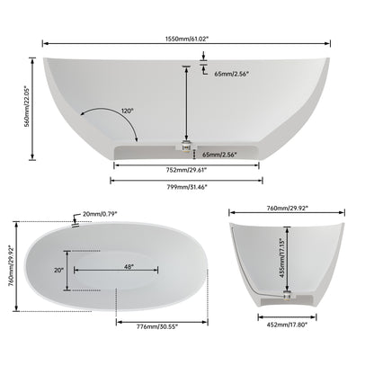 Medunjess 61" Freestanding Soaking Solid Surface Bathtub - Black