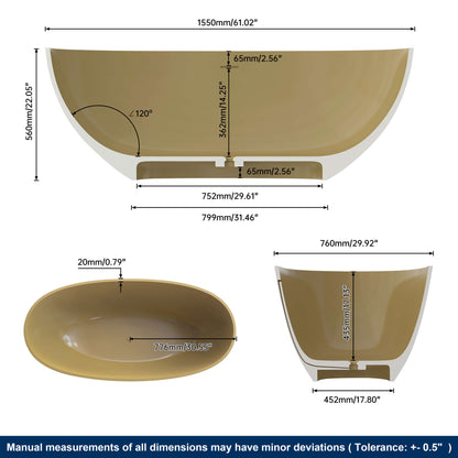Medunjess 61'' Freestanding Soaking Solid Surface Bathtub,Camel