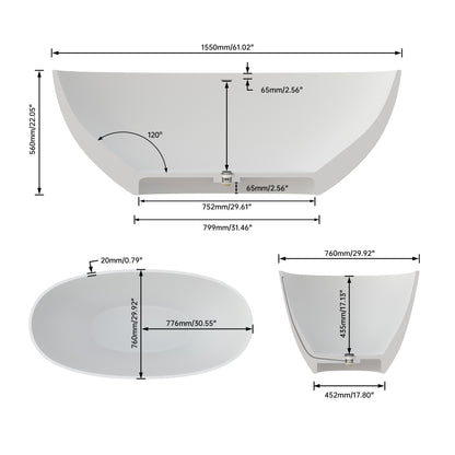 Medunjess 61'' Freestanding Soaking Solid Surface Bathtub,Marbel