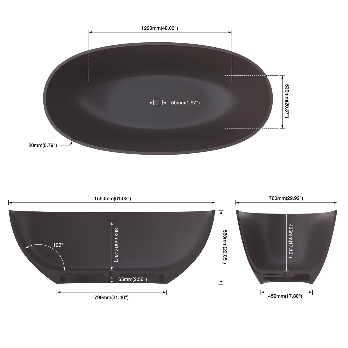 Medunjess 61" Freestanding Soaking Solid Surface Bathtub- Brown