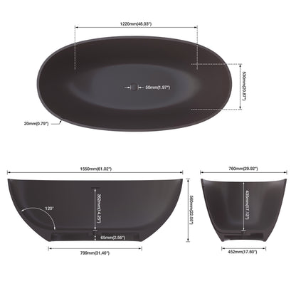 Medunjess 61" Freestanding Soaking Solid Surface Bathtub- Brown