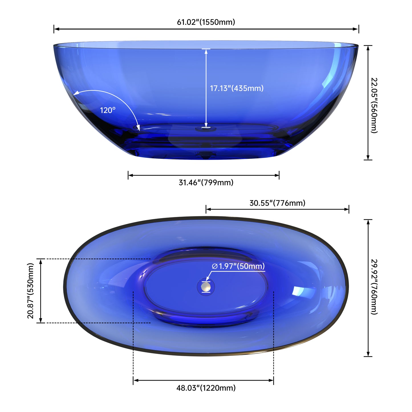 Medunjess 61" Artistic Transparent Blue Freestanding Solid Surface Deep Soaking Bathtub
