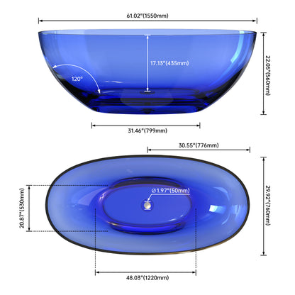 Medunjess 61" Artistic Transparent Blue Freestanding Solid Surface Deep Soaking Bathtub
