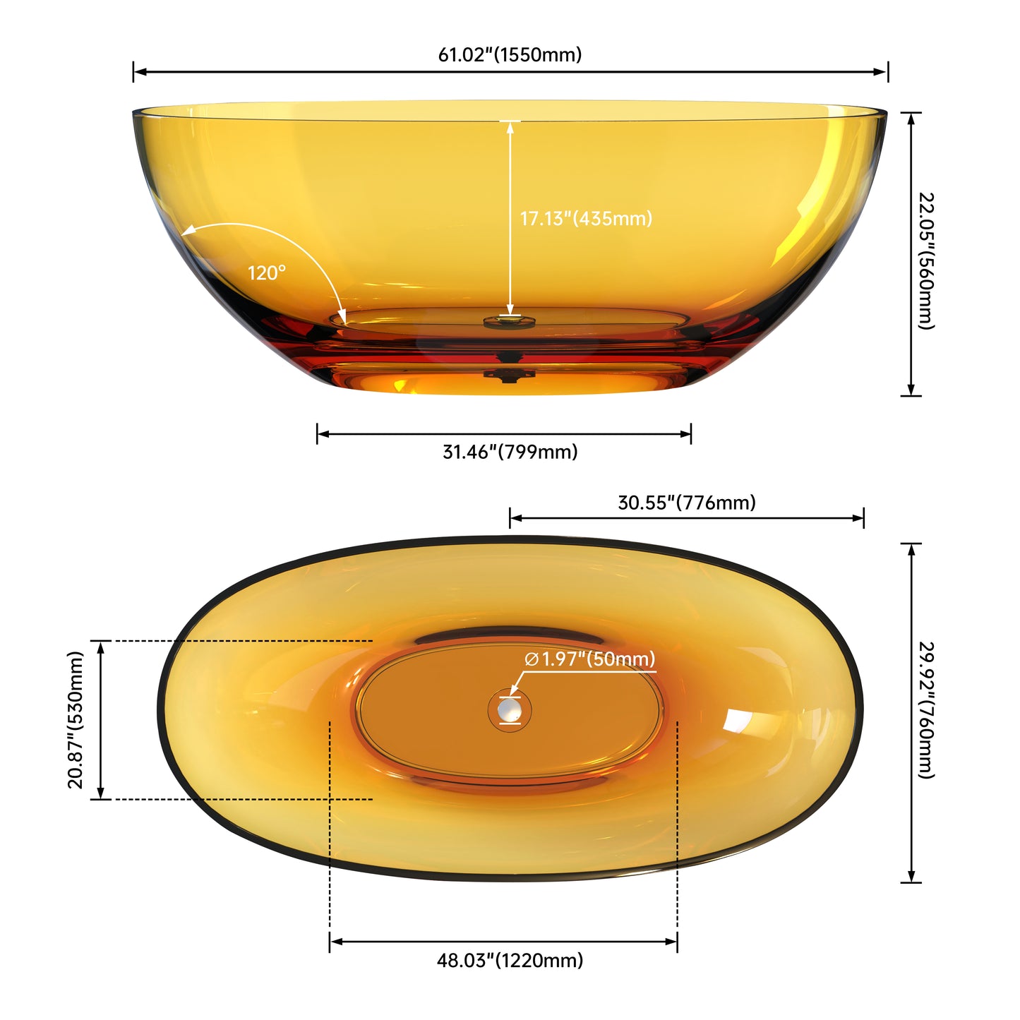 Medunjess 61" Amber Transparent Oval Freestanding Soaking Tub – Modern Bathtub