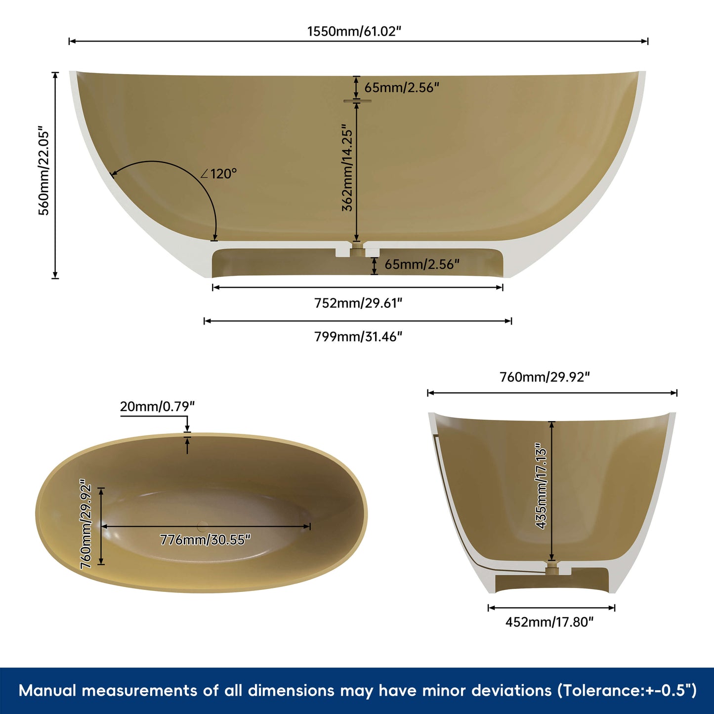 Medunjess 61" Freestanding Soaking Solid Surface Bathtub,Camel