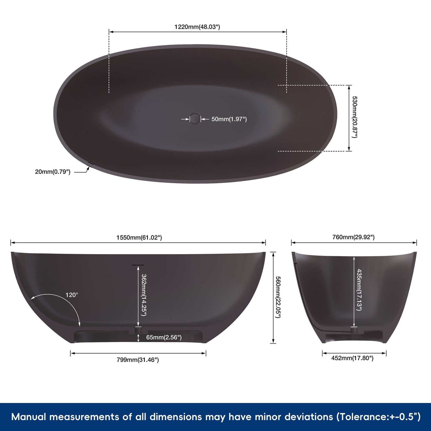 Medunjess 61'' Freestanding Soaking Solid Surface Bathtub,Brown