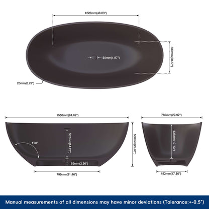 Medunjess 61'' Freestanding Soaking Solid Surface Bathtub,Brown