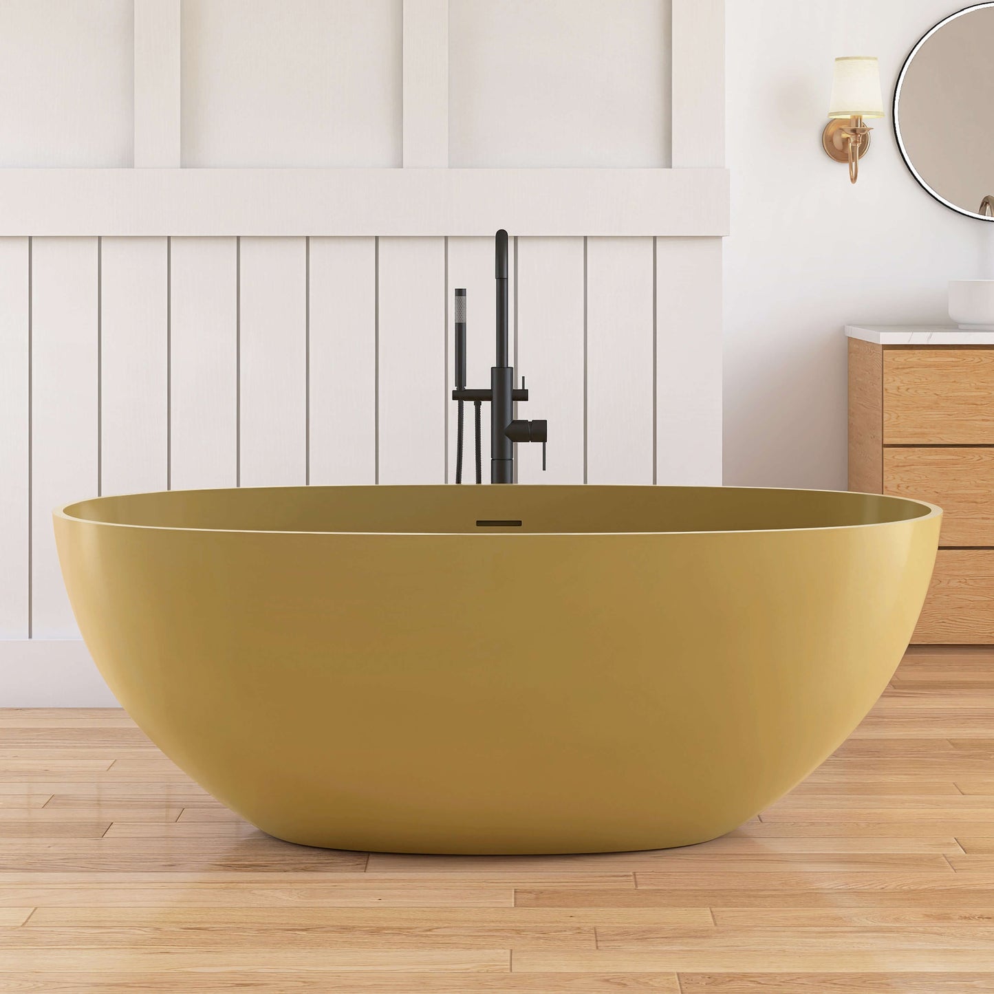 Medunjess 61" Freestanding Soaking Solid Surface Bathtub,Camel