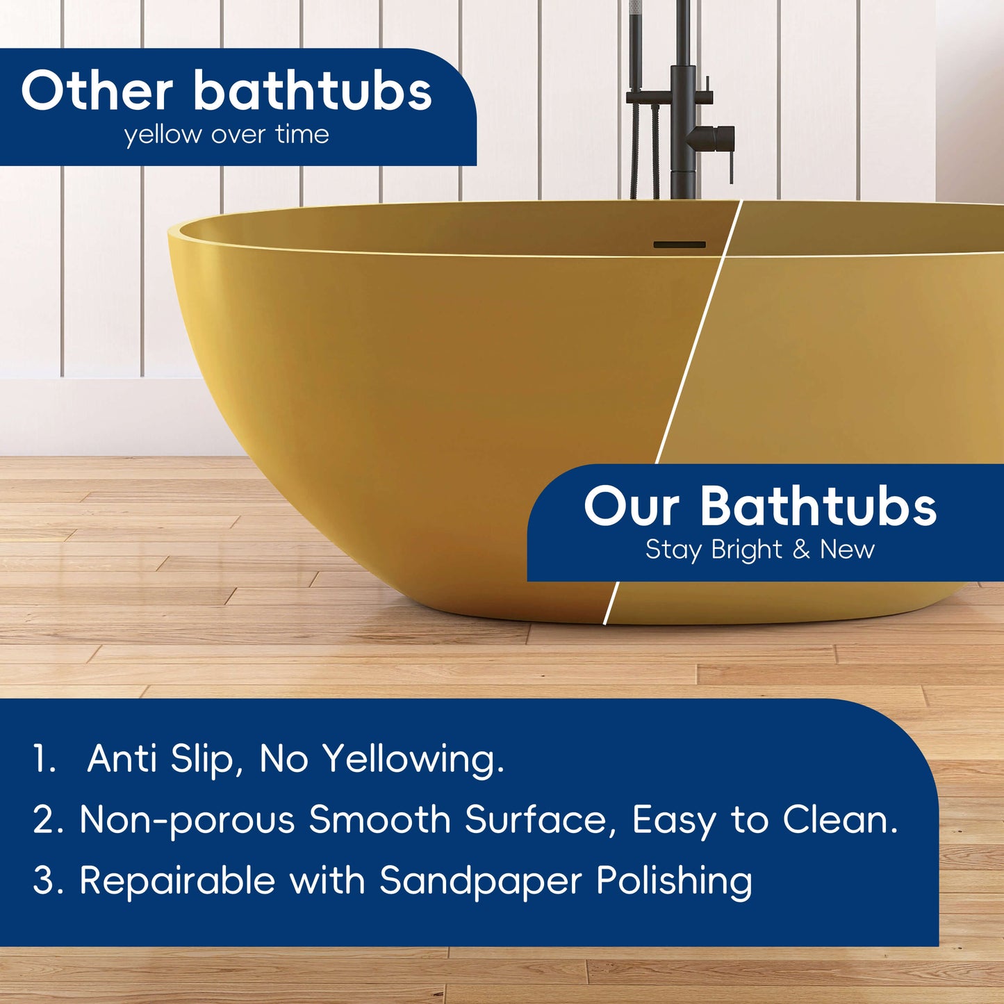 Medunjess 61" Freestanding Soaking Solid Surface Bathtub,Camel