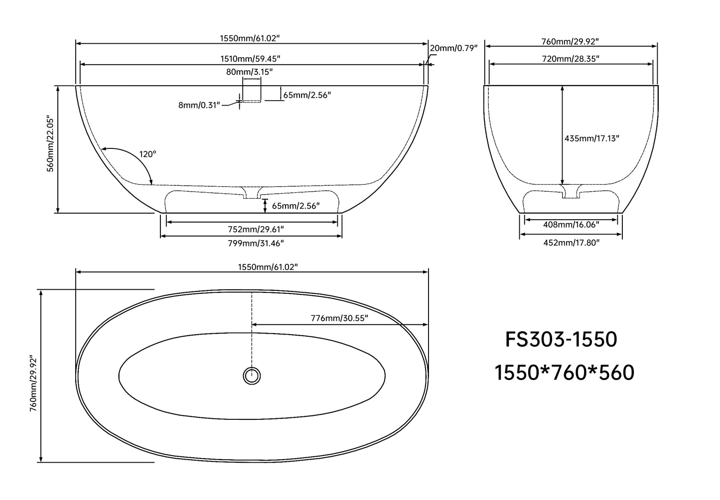 Medunjess 61" Freestanding Solid Surface Stone Resin Soaking Bathtub