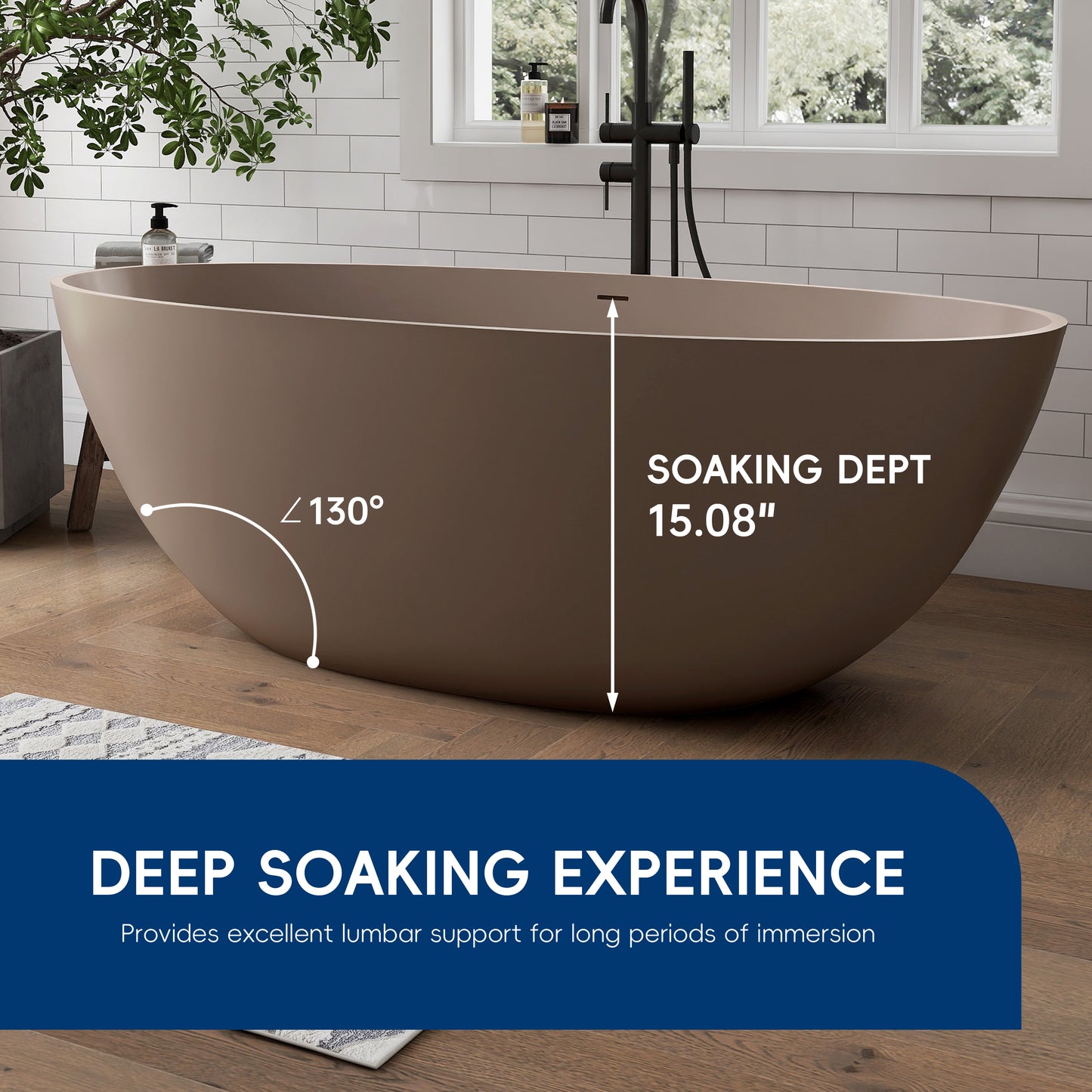Medunjess 65" Grey-Coffee Oval Luxury Freestanding Solid Surface Resin Stone Soaking Tub