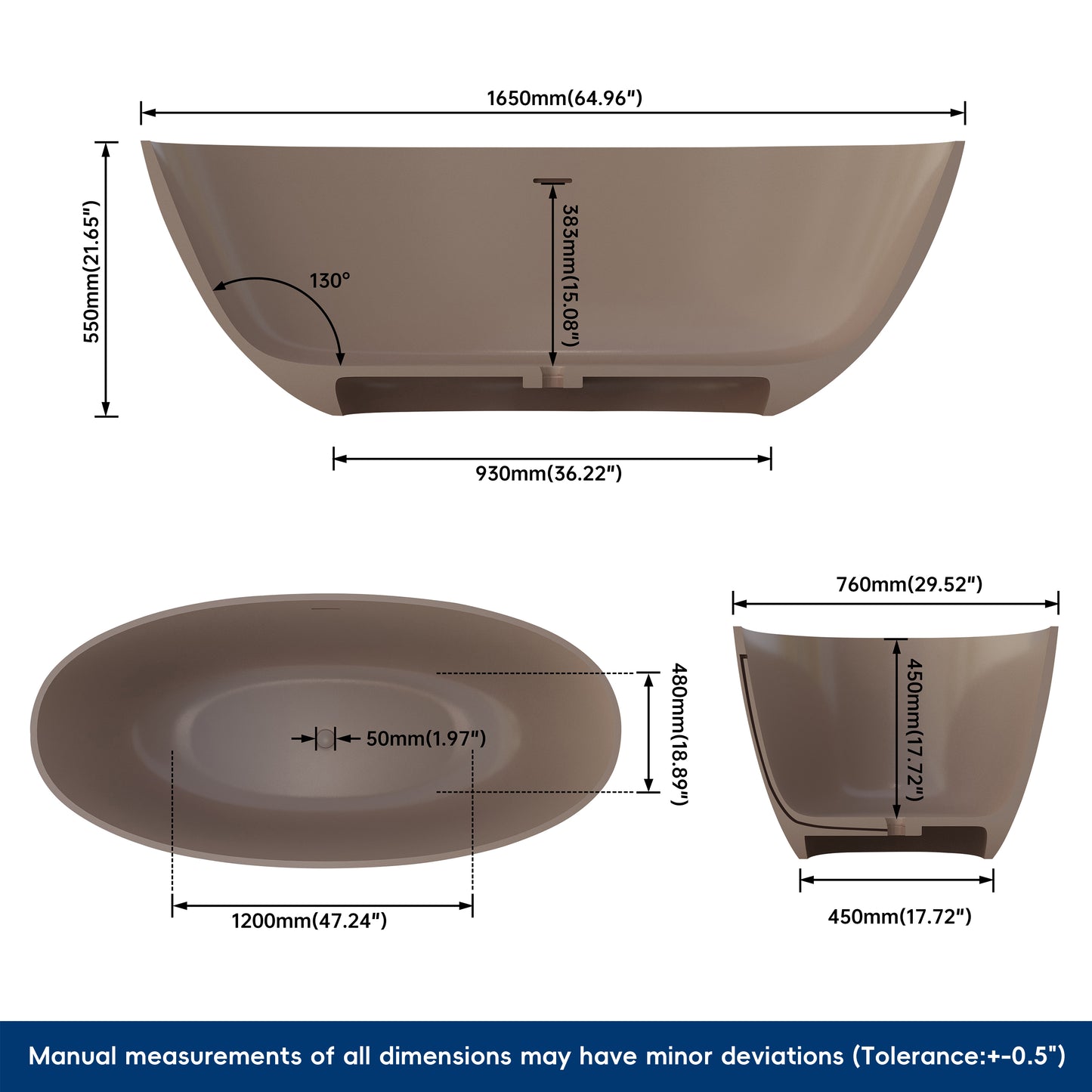 Medunjess 65" Grey-Coffee Oval Luxury Freestanding Solid Surface Resin Stone Soaking Tub