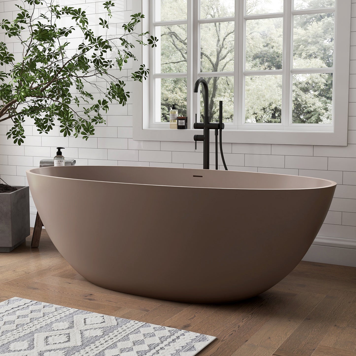 Medunjess 65" Grey-Coffee Oval Luxury Freestanding Solid Surface Resin Stone Soaking Tub