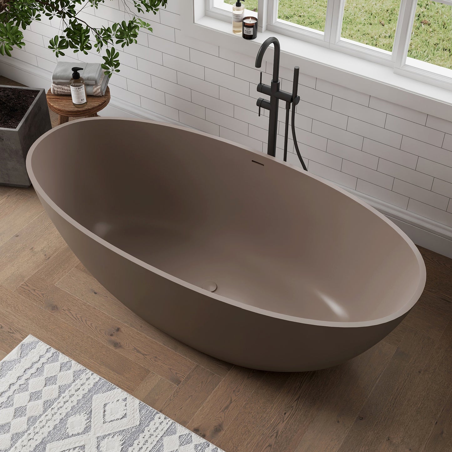 Medunjess 65" Grey-Coffee Oval Luxury Freestanding Solid Surface Resin Stone Soaking Tub