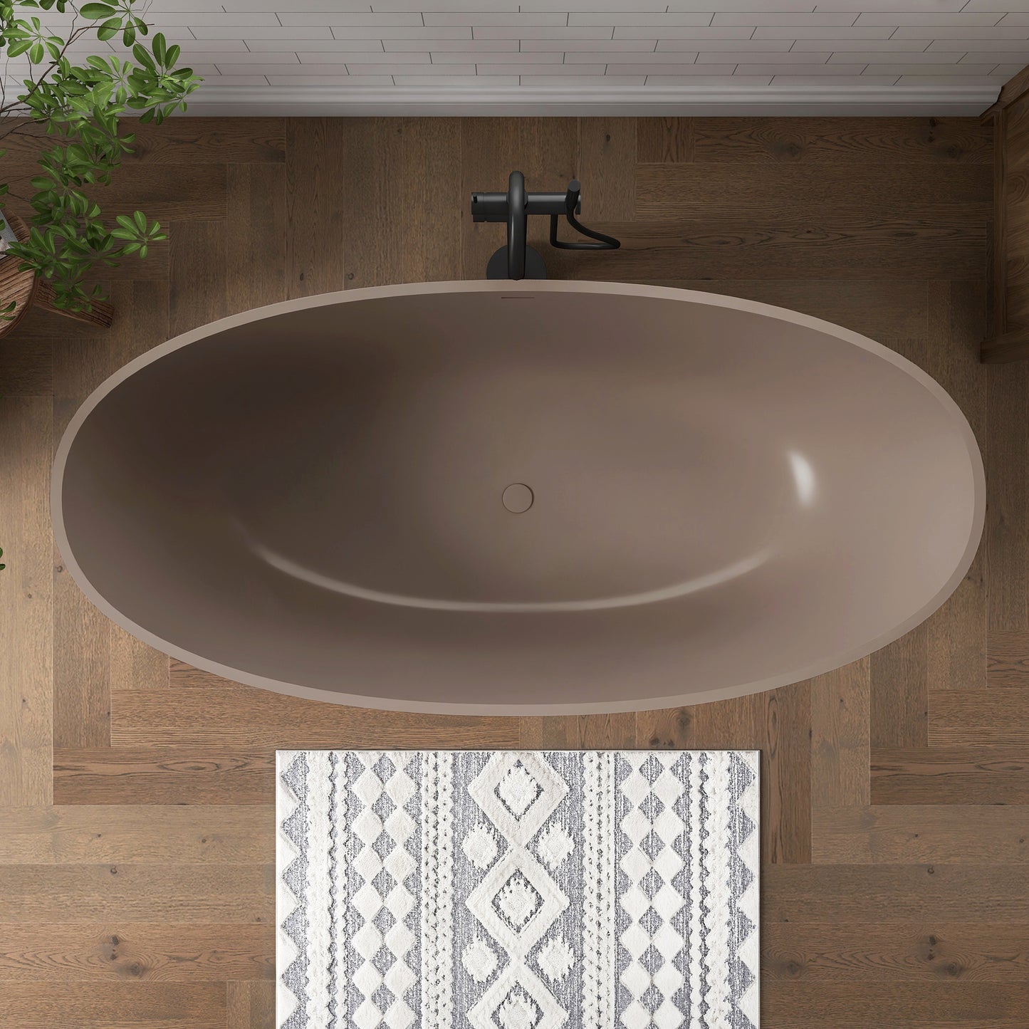 Medunjess 65" Grey-Coffee Oval Luxury Freestanding Solid Surface Resin Stone Soaking Tub