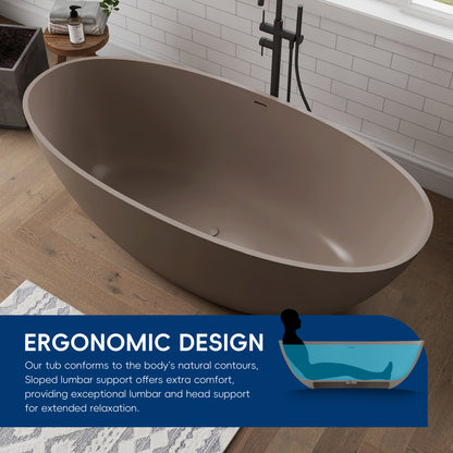 Medunjess 65" Grey-Coffee Oval Luxury Freestanding Solid Surface Resin Stone Soaking Tub