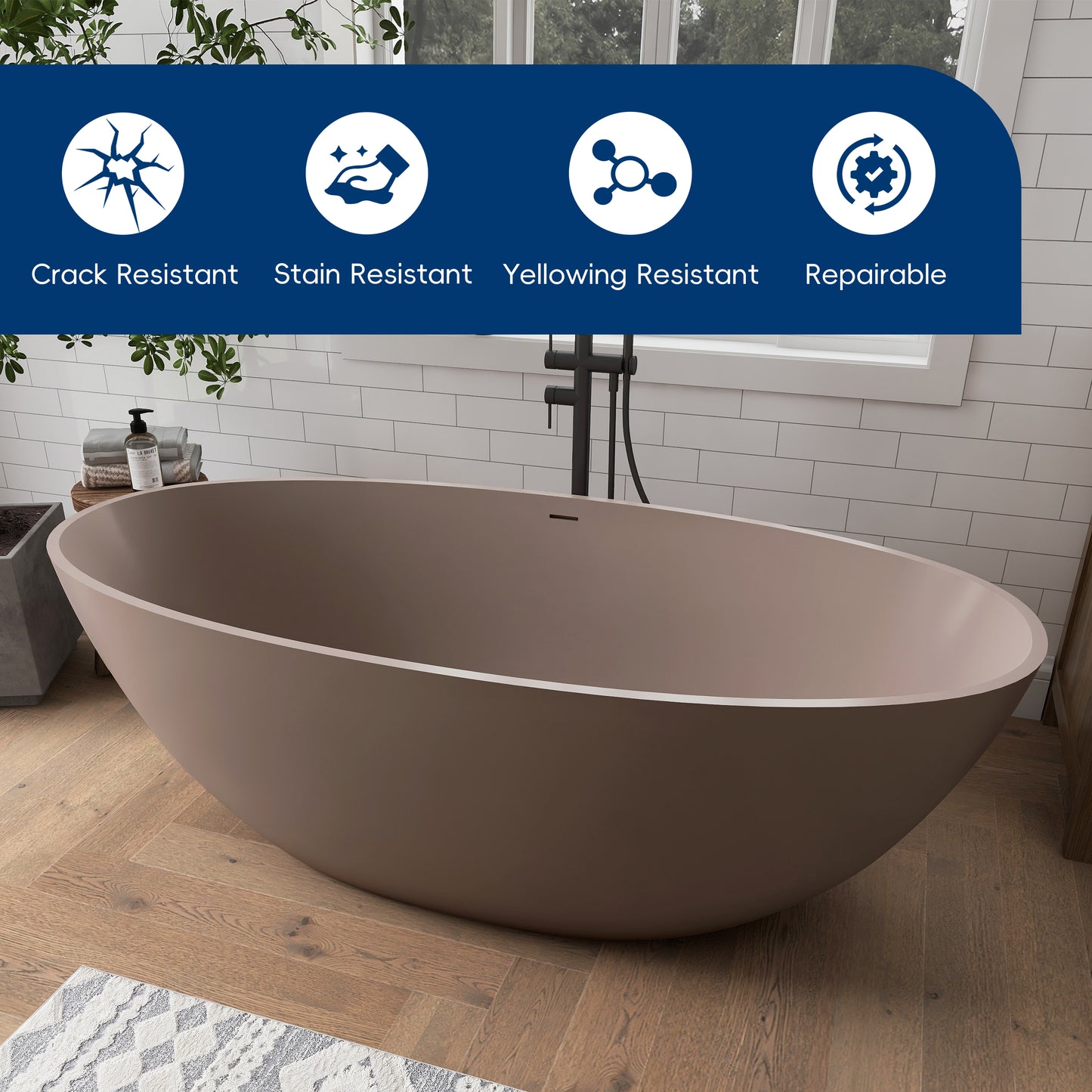 Medunjess 65" Grey-Coffee Oval Luxury Freestanding Solid Surface Resin Stone Soaking Tub