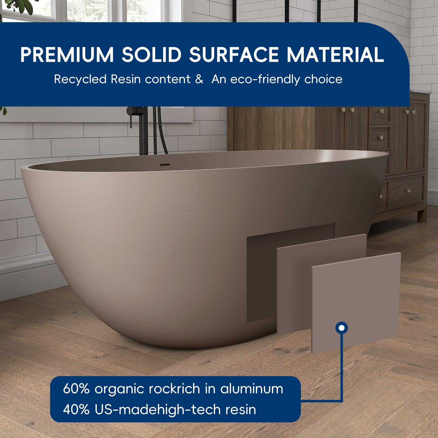 Medunjess 65" Grey-Coffee Oval Luxury Freestanding Solid Surface Resin Stone Soaking Tub