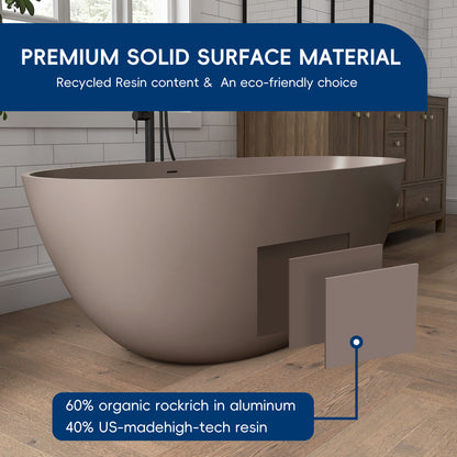 Medunjess 65" Grey-Coffee Oval Luxury Freestanding Solid Surface Resin Stone Soaking Tub