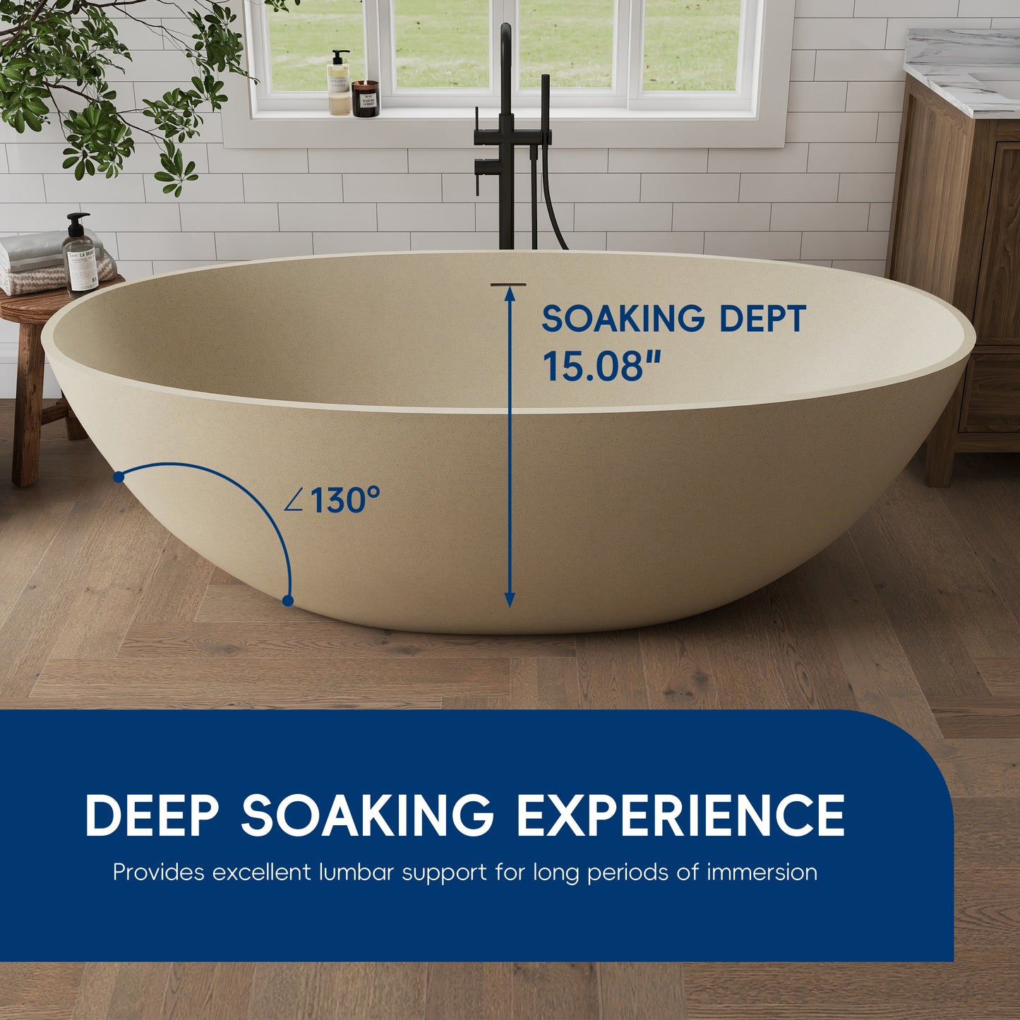 Medunjess 65" Milk coffee Granules Oval Luxury Freestanding Solid Surface Resin Stone Soaking Tub