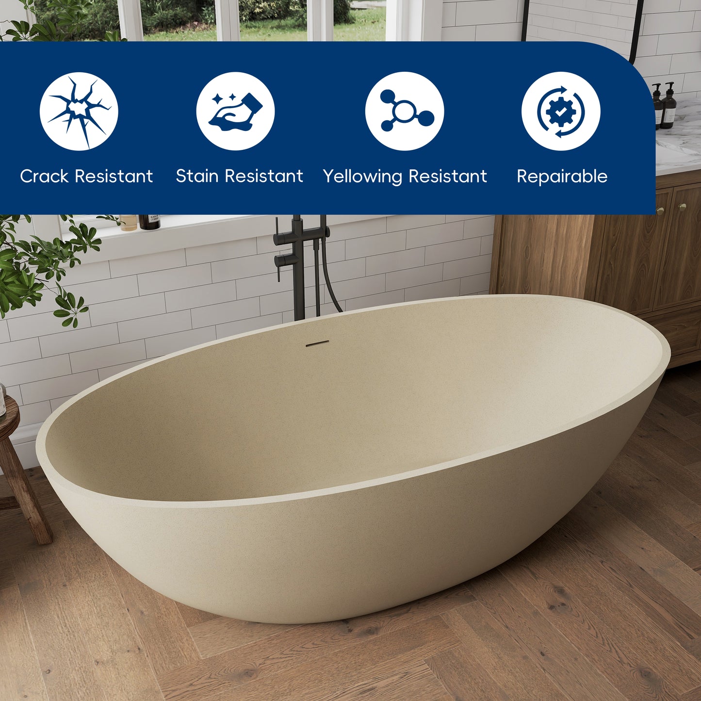 Medunjess 65" Milk coffee Granules Oval Luxury Freestanding Solid Surface Resin Stone Soaking Tub
