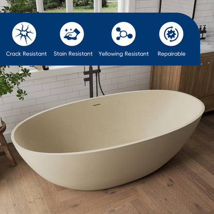 Medunjess 65" Milk coffee Granules Oval Luxury Freestanding Solid Surface Resin Stone Soaking Tub