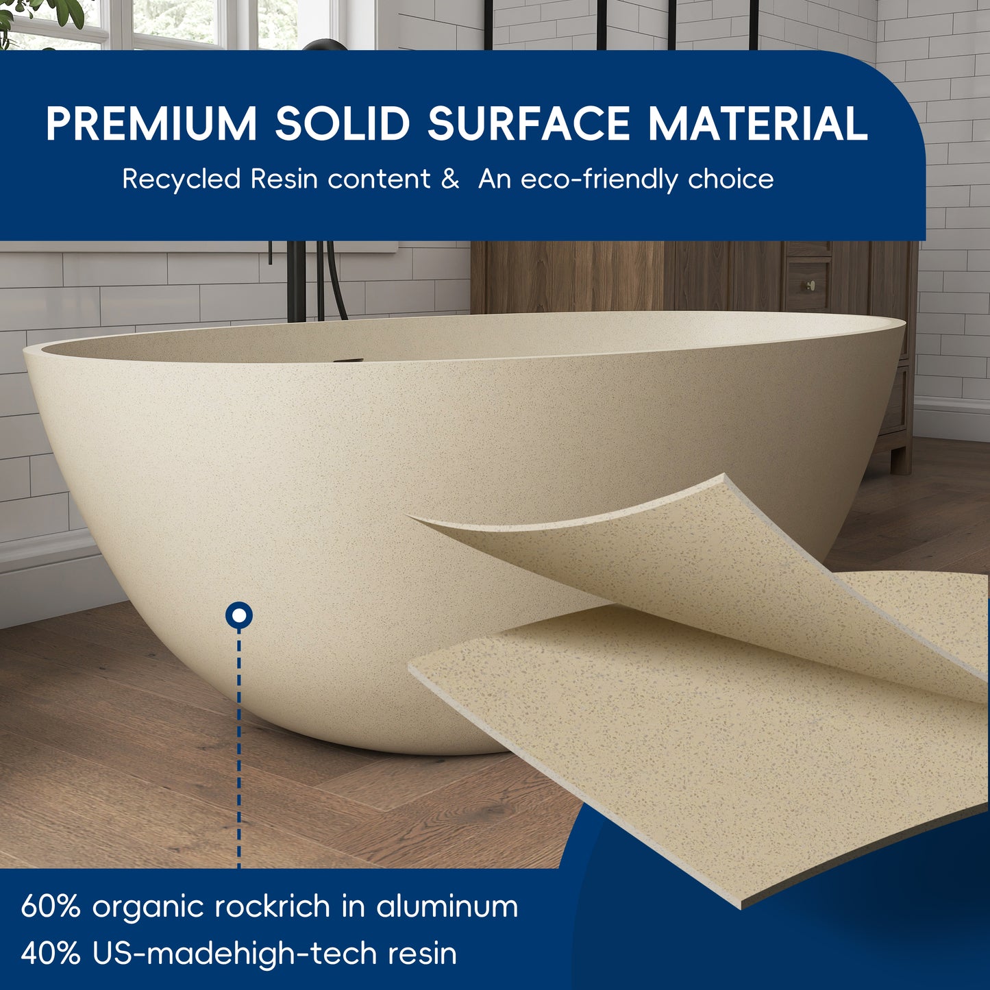 Medunjess 65" Milk coffee Granules Oval Luxury Freestanding Solid Surface Resin Stone Soaking Tub