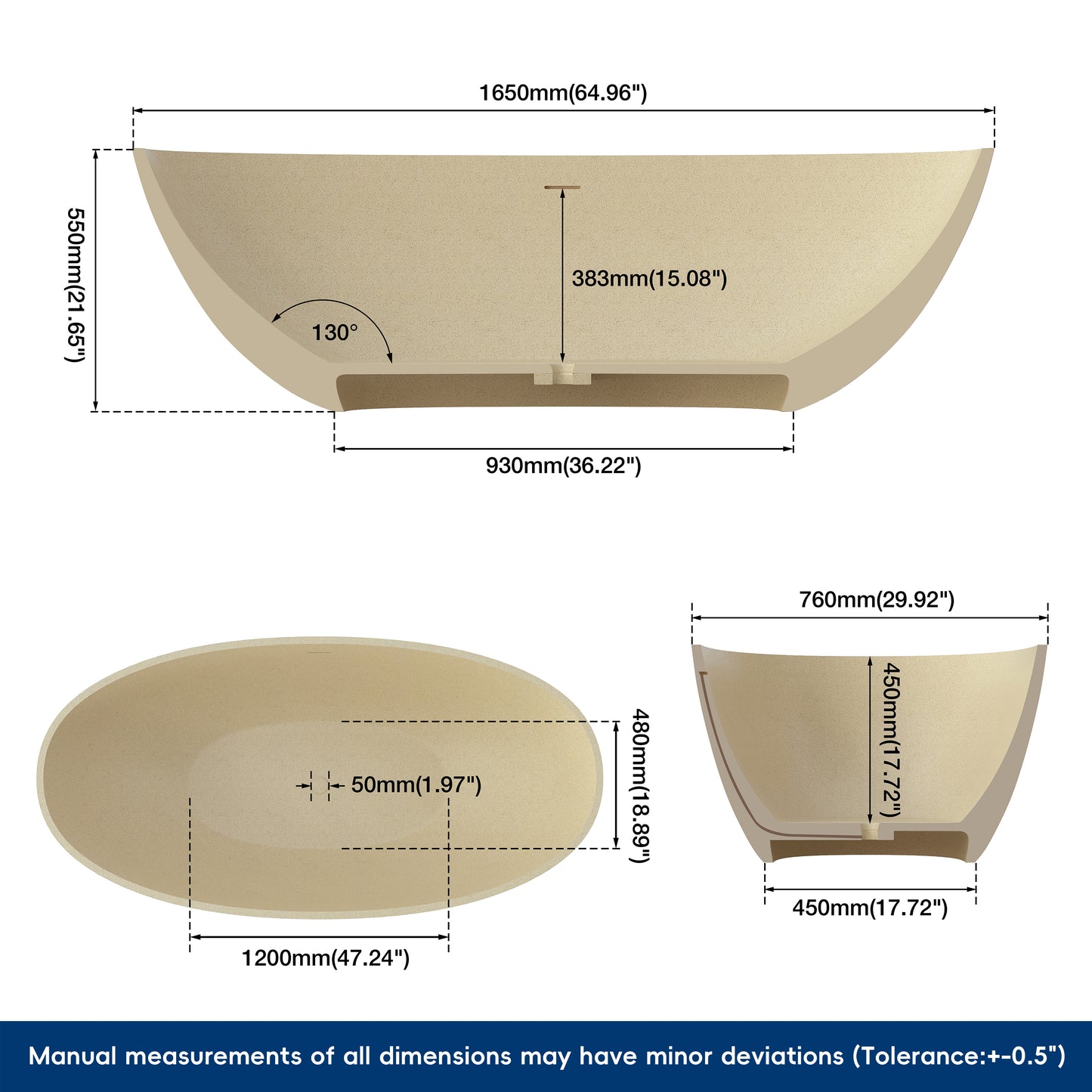 Medunjess 65" Milk coffee Granules Oval Luxury Freestanding Solid Surface Resin Stone Soaking Tub