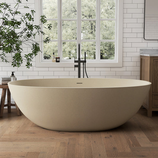 Medunjess 65" Milk coffee Granules Oval Luxury Freestanding Solid Surface Resin Stone Soaking Tub