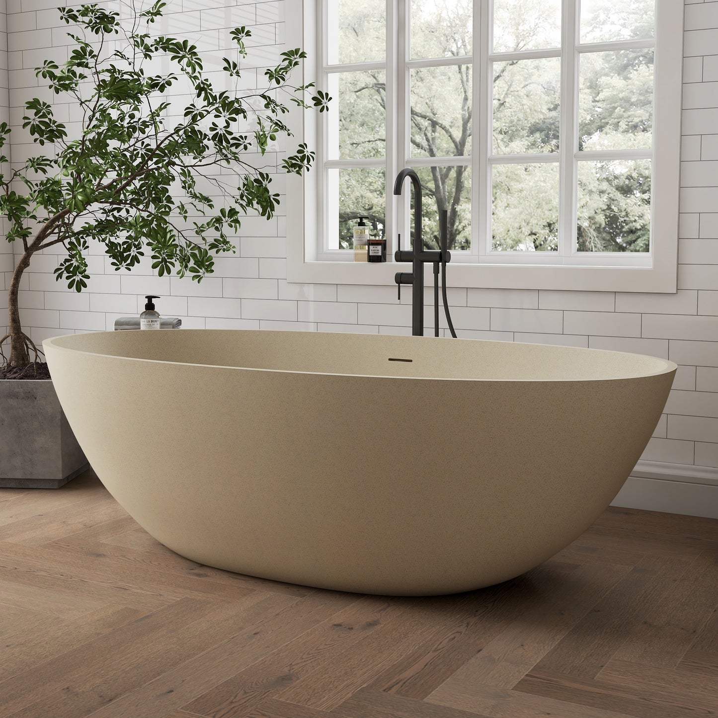 Medunjess 65" Milk coffee Granules Oval Luxury Freestanding Solid Surface Resin Stone Soaking Tub