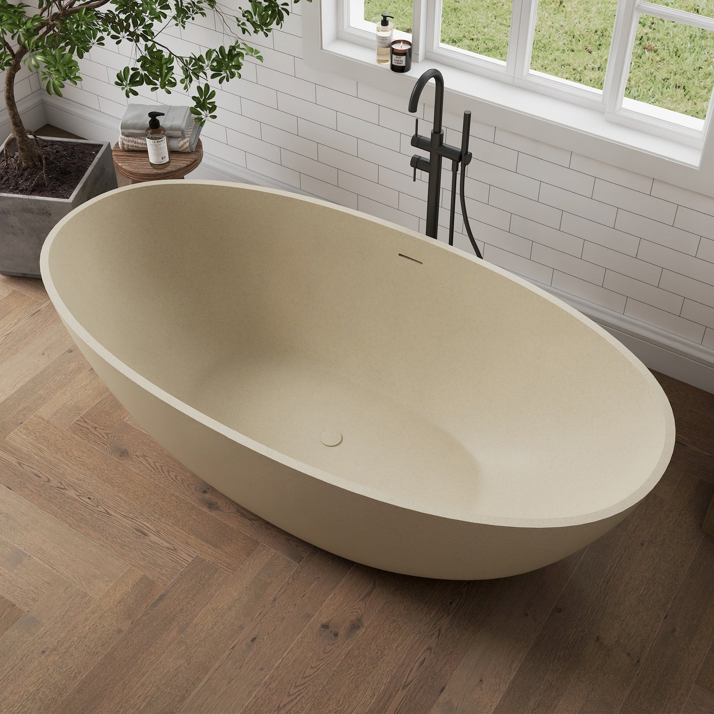 Medunjess 65" Milk coffee Granules Oval Luxury Freestanding Solid Surface Resin Stone Soaking Tub