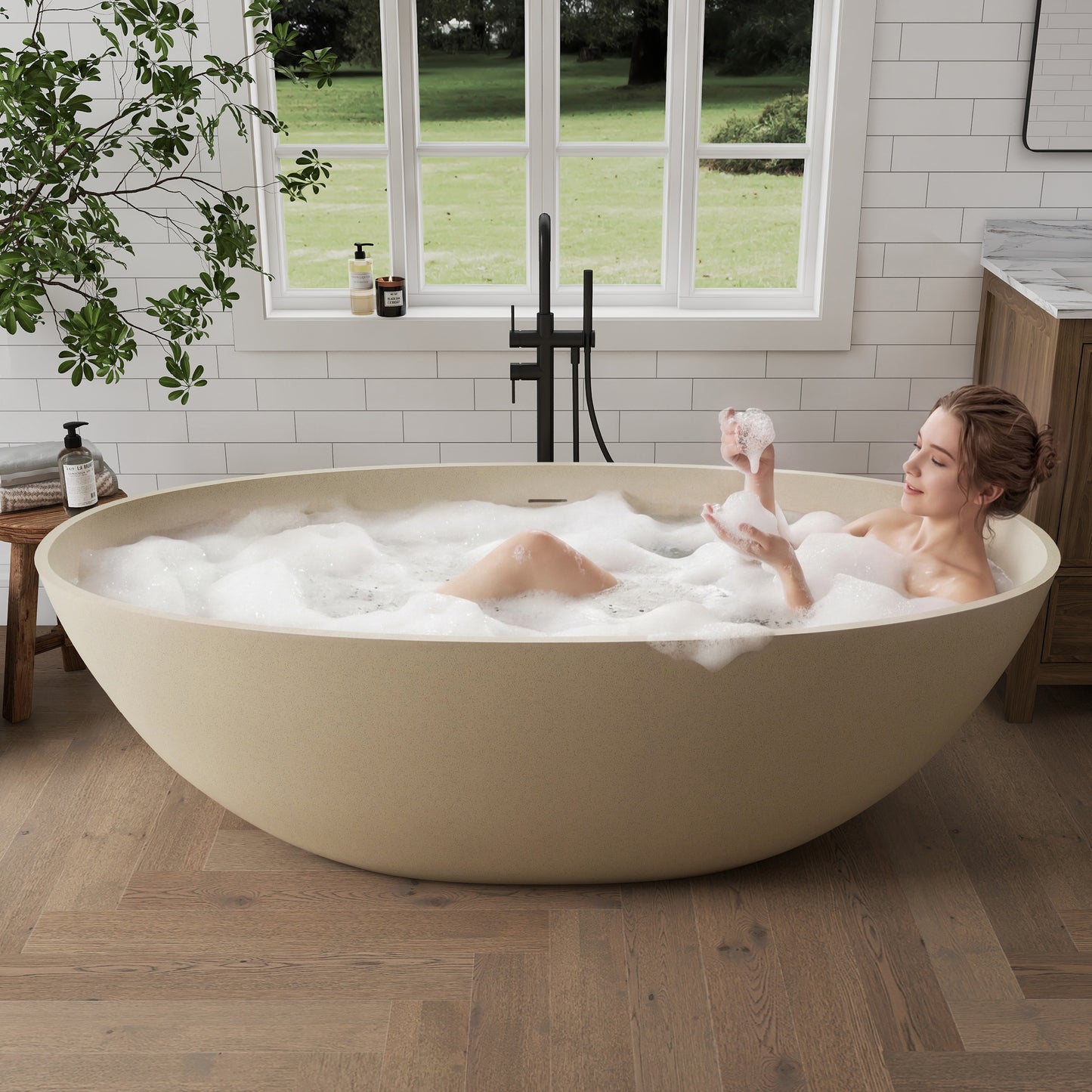 Medunjess 65" Milk coffee Granules Oval Luxury Freestanding Solid Surface Resin Stone Soaking Tub