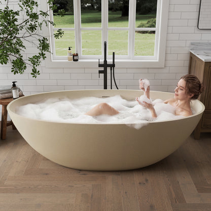 Medunjess 65" Milk coffee Granules Oval Luxury Freestanding Solid Surface Resin Stone Soaking Tub