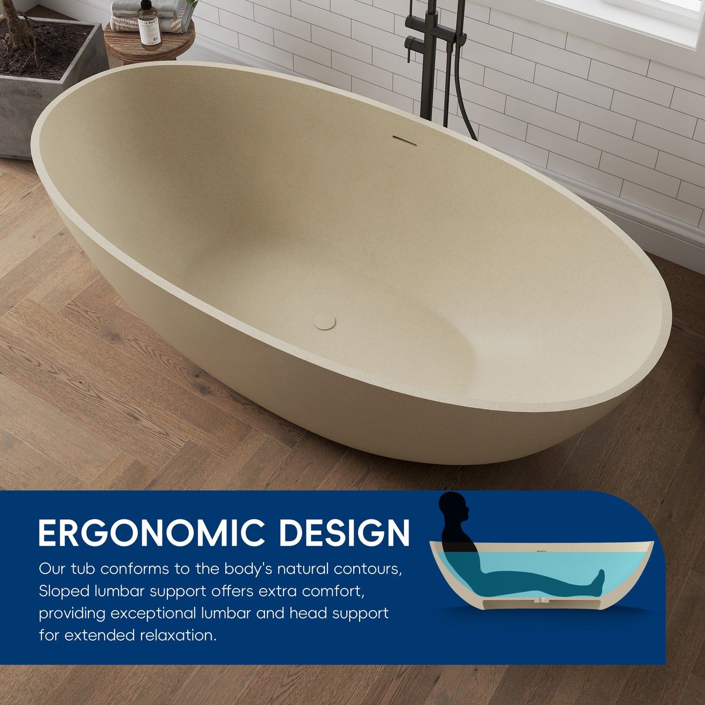 Medunjess 65" Milk coffee Granules Oval Luxury Freestanding Solid Surface Resin Stone Soaking Tub