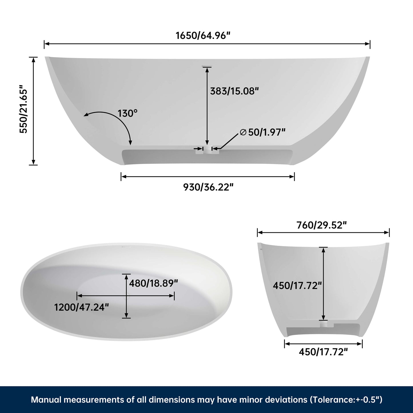 Medunjess 65'' Oval Luxury Resin Stone Soaking Tub