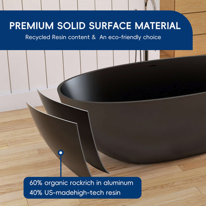 Medunjess 65'' Oval Luxury Resin Stone Soaking Tub,Black